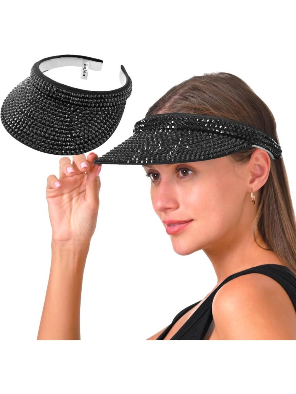 🆕Women's Black Sun Shiny Rhinestones Clip On Visor Adjustable Bling Hats